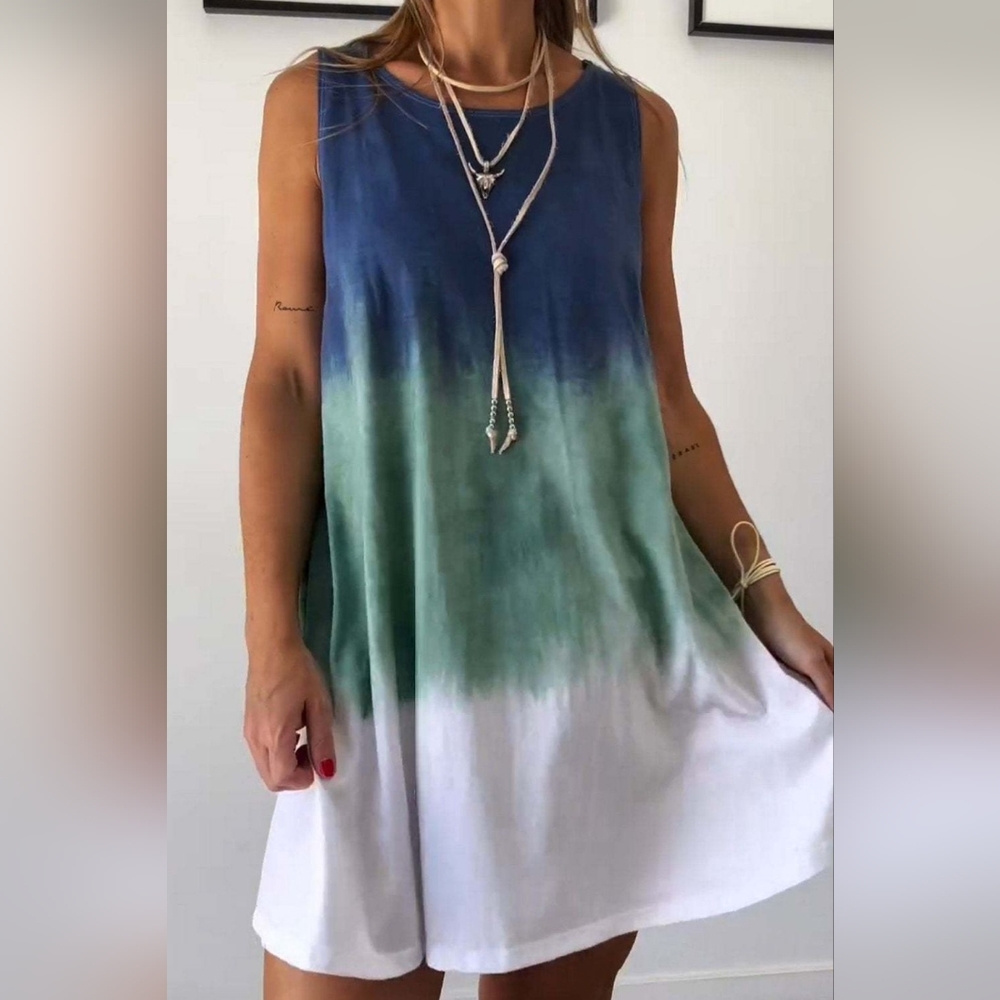 Full-Size French Blue Tie-Dye Sleeveless Mini Tank Dress Plus Size